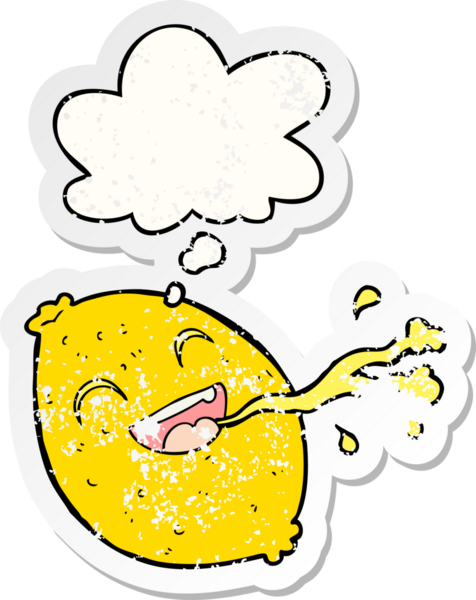 Düşünce baloncuklu limon fışkırtan çizgi film insan tarafından çizilmiş yıpranmış bir çıkartma gibi.