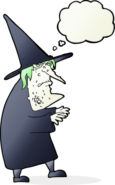 Bir insan tarafından çizilmiş düşünce baloncuğu olan çirkin yaşlı cadı çizgi filmi.
