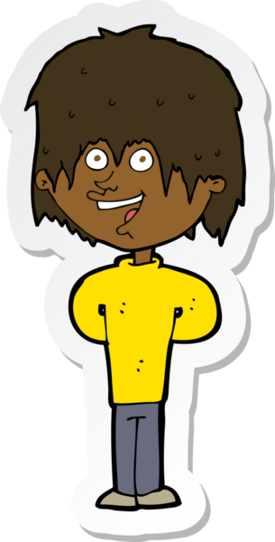 Bir insan tarafından çizilmiş mutlu, pasaklı bir çocuğun çıkartması.