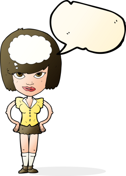 Bir insan tarafından çizilmiş bir konuşma balonuyla düşünen karikatür kadını.