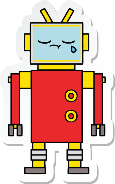 Bir insan tarafından çizilmiş şirin, ağlayan bir robot çıkartması.