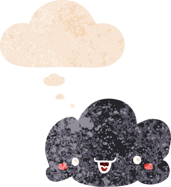 Düşünce baloncuğu ve grunge ile sevimli çizgi film bulutu bir insan tarafından çizilmiş sıkıntılı retro dokuma tarzı