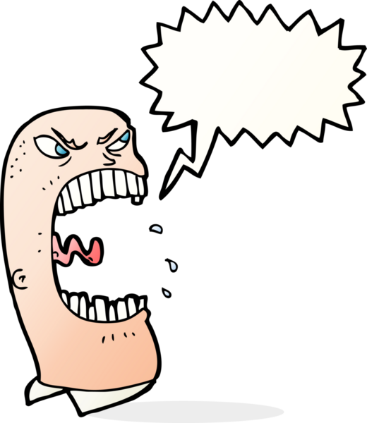Bir insan tarafından çizilmiş konuşma balonuyla bağıran öfkeli bir karikatür.