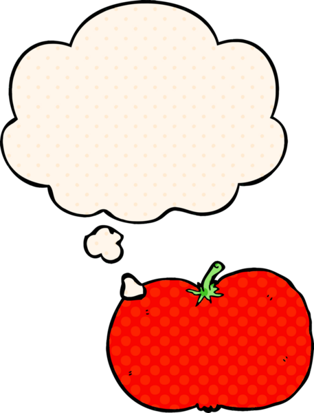 Bir insan tarafından çizilmiş, düşünce baloncuklu çizgi film domatesi.