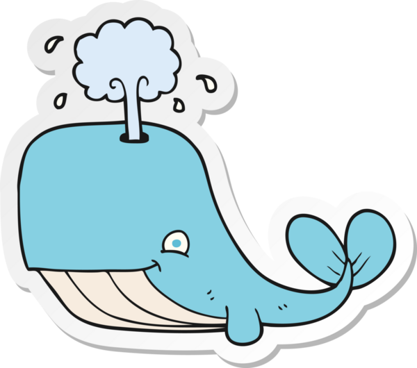 Bir insan tarafından çizilmiş su püskürten bir karikatür balinasının etiketi.