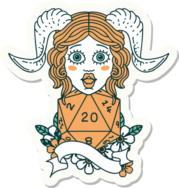 Bir insan tarafından çizilmiş doğal yirmi zarla yapıştırılmış bir etiket.