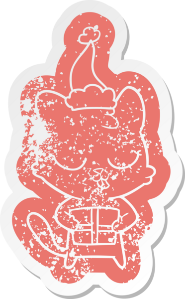 Bir insan tarafından çizilmiş Noel Baba şapkası takan bir kedinin hüzünlü çizgi filmi.