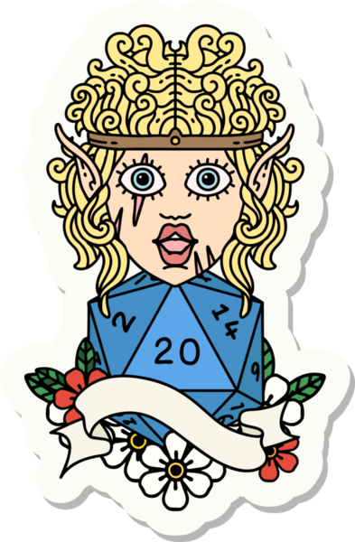 Bir insan tarafından çizilmiş doğal 20 zar atımlı barbar bir elf karakterinin çıkartması.