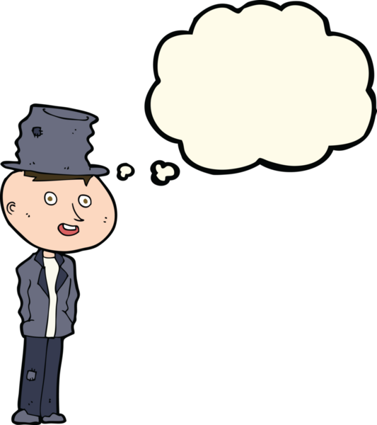 Bir insan tarafından çizilmiş düşünce balonlu komik evsiz adam.