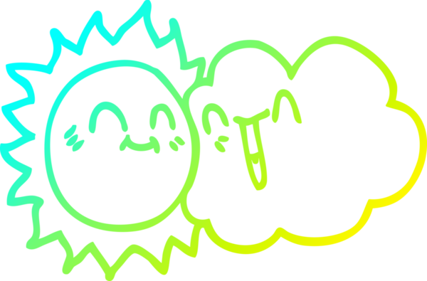 Bir çizgi filmin soğuk gradyan çizimi mutlu güneş ışığı ve bir insan tarafından çizilmiş bulut