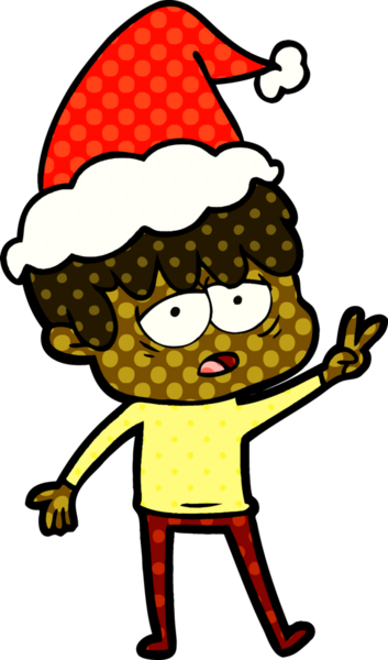 Bir insan tarafından çizilmiş Noel Baba şapkası giyen yorgun bir çocuğun el çizimi çizgi roman çizimi.