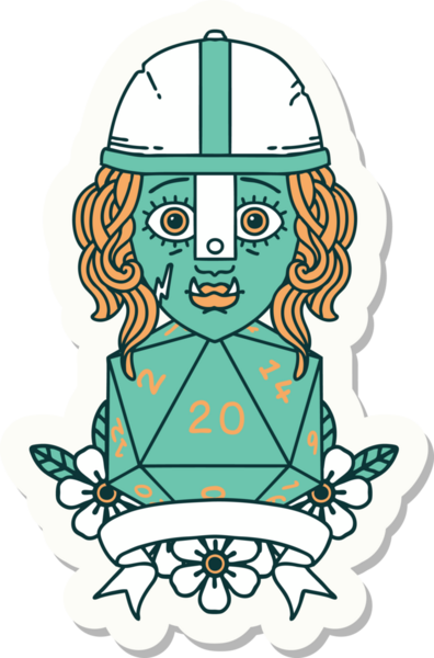 Bir insan tarafından çizilmiş 20 zarlı yarım ork savaşçısının çıkartması.