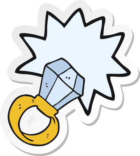 Bir çizgi filmin çıkartması. Bir insan tarafından çizilmiş kocaman bir nişan yüzüğü.