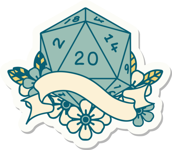 Bir insan tarafından çizilmiş 20 D20 zarının çıkartması.