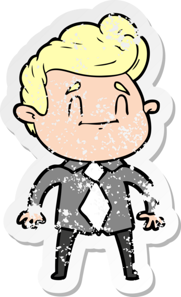 Bir insan tarafından çizilmiş ofis kıyafetleri içindeki mutlu bir çizgi film karakterinin sıkıntılı çıkartması.