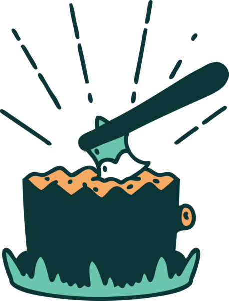 Bir insan tarafından çizilmiş ağaç kütüğünde geleneksel dövme stili baltası.