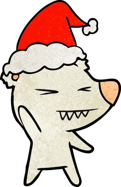 Kızgın kutup ayısı eli bir insan tarafından çizilmiş Noel Baba şapkası çizilmiş.