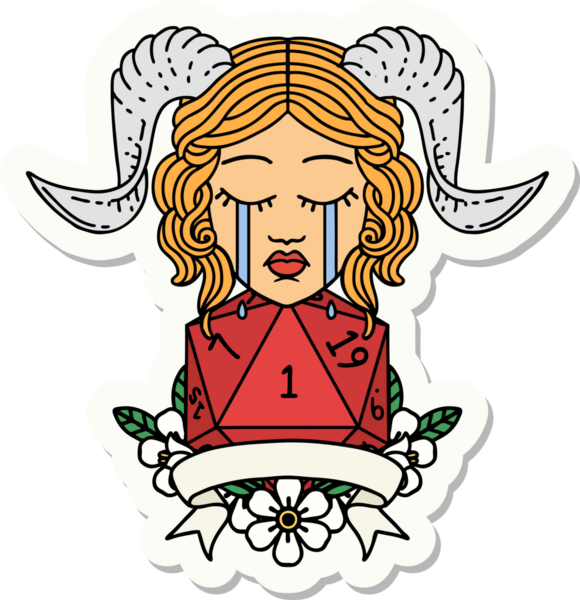 Ağlama etiketi, bir insan tarafından çizilmiş doğal bir D20 zar atışıyla bağlanmış.