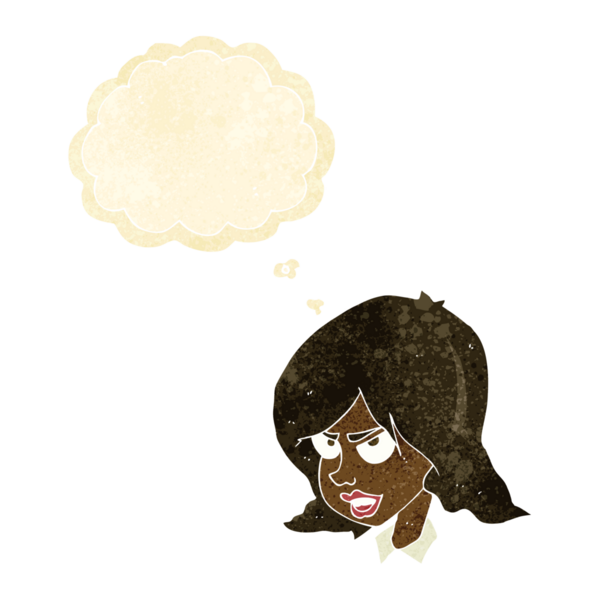 Bir insan tarafından çizilmiş düşünce baloncuğuyla rahatsız bir kadın.