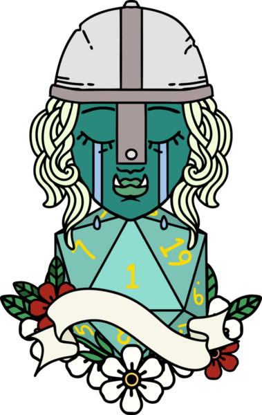 Retro Dövme Tarzı Ağlayan Ork Savaşçısı karakteri yüzü ve bir insan tarafından çizilmiş bir d20 rulosu.