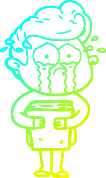 Bir insan tarafından çizilmiş kitabı tutan ağlayan bir çizgi film karakteri.