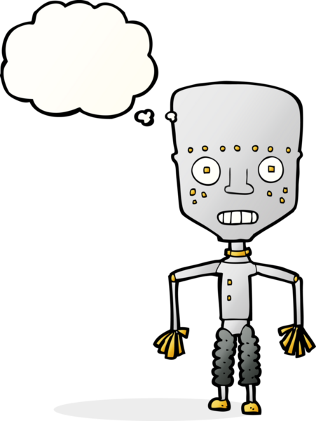 Bir insan tarafından çizilmiş düşünce baloncuklu komik robot.