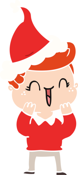 Bir insan tarafından çizilmiş Noel Baba şapkası giymiş, gülen bir çocuğun düz renkli çizimi.