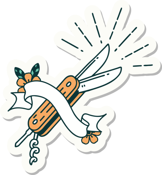 Bir insan tarafından çizilmiş dövme stili katlanır bıçak çıkartması.