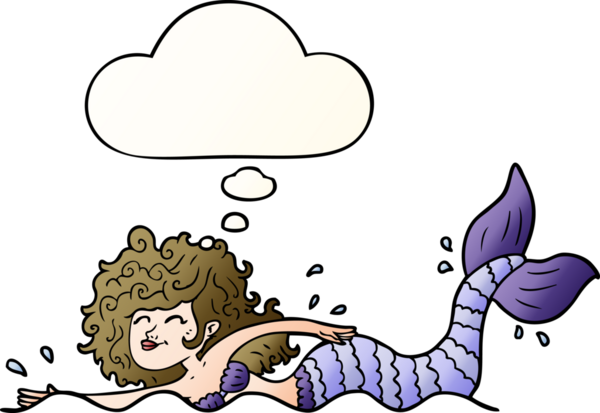 Bir insan tarafından çizilmiş, düşünce baloncuklu çizgi film denizkızı.