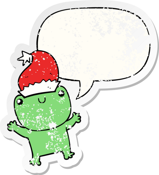 Konuşma balonlu Noel şapkası takan sevimli kurbağa bir insan tarafından çizilmiş sıkıntılı eski bir çıkartma.