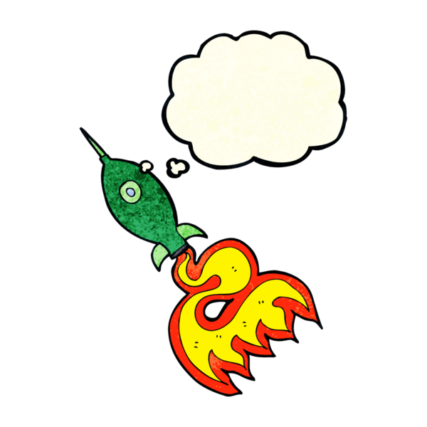 Bir insan tarafından çizilmiş düşünce baloncuklu uzay roketi.