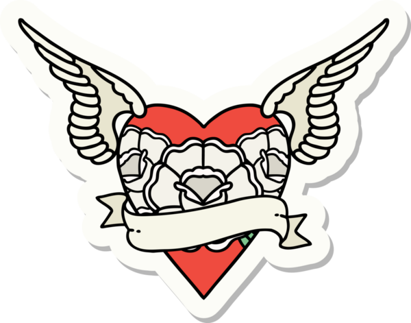 Geleneksel kalp stili dövme çıkartması. Kanatları, çiçekleri ve insan sancağıyla çizilmiş.