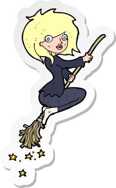 Bir insan tarafından çizilmiş süpürgeye binen bir cadının çıkartması.