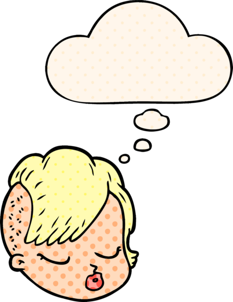 Çizgi roman tarzında bir insan tarafından çizilmiş düşünce baloncuğu olan kadın yüzü.