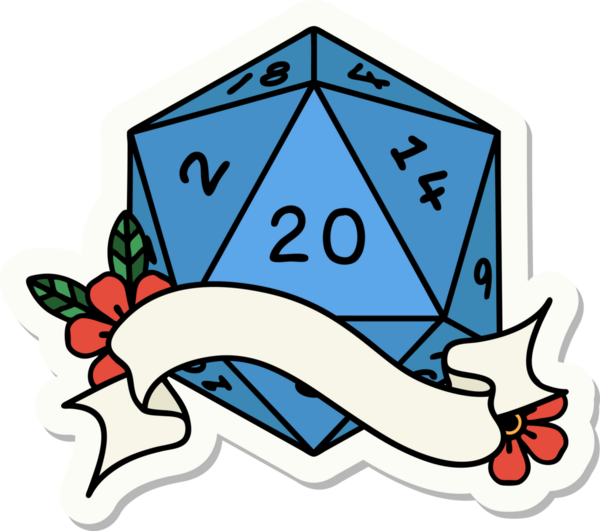 Bir insan tarafından çizilmiş 20 D20 zarının çıkartması.