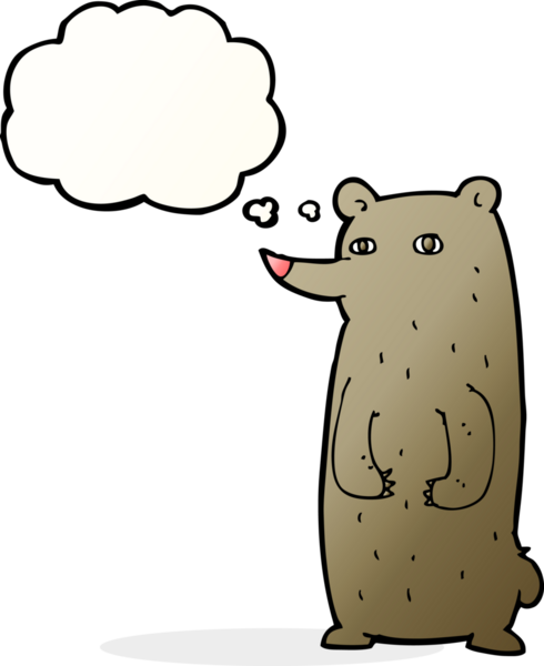 Bir insan tarafından çizilmiş düşünce baloncuklu komik çizgi film ayısı.