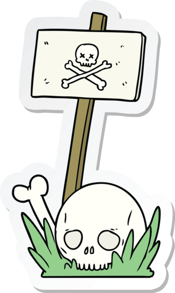 Bir karikatür kafatası ve insan tarafından çizilmiş uyarı işareti.