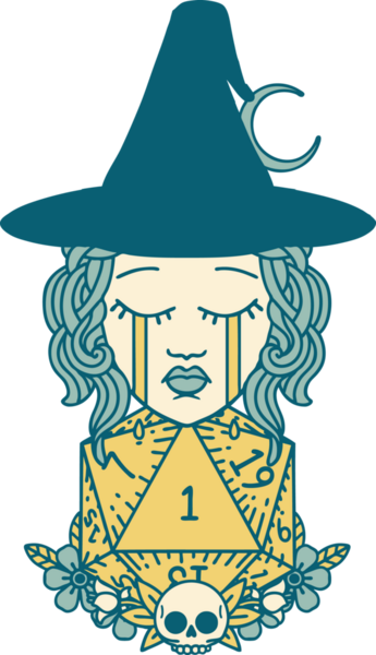 Retro Dövme Tarzı Ağlayan İnsan Cadı Doğal bir D20 zar atışıyla Bir insan tarafından çizilmiş