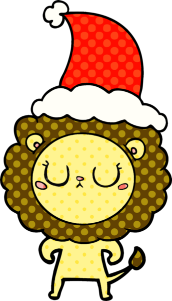 Bir insan tarafından çizilmiş Noel Baba şapkası takan bir aslanın el çizimi çizgi roman tarzı çizimi.
