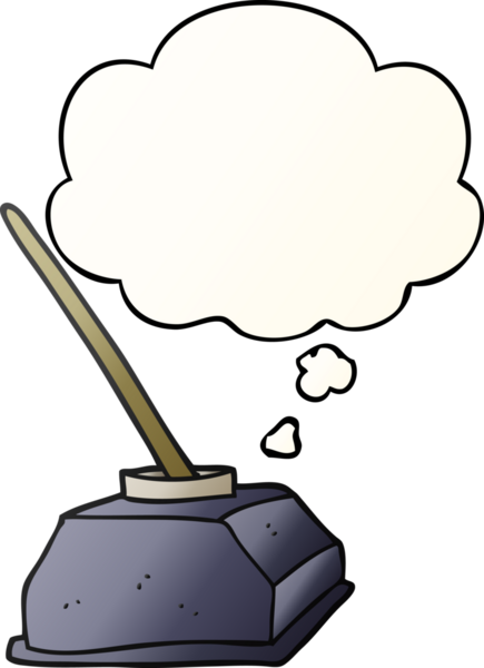 Bir insan tarafından çizilmiş yumuşak eğimli düşünce baloncuklu eski mürekkep kabı ve kalem.