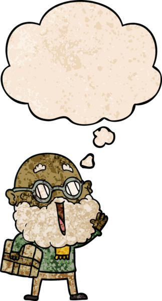 Komik sakallı ve kolunun altında bir insan tarafından çizilmiş grunge desenli düşünce baloncuğu olan neşeli bir adam.
