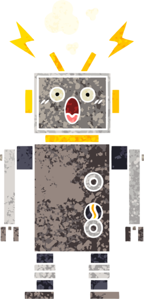 Bir insan tarafından çizilmiş arızalı bir robotun retro çizim tarzı karikatürü
