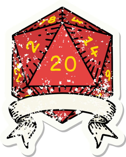 Bir insan tarafından çekilen 20 kritik vuruşluk D20 zar atımının grunge çıkartması.