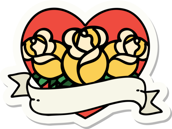 Geleneksel kalp stili dövme çıkartması ve bir insan tarafından çizilmiş çiçekli pankart.