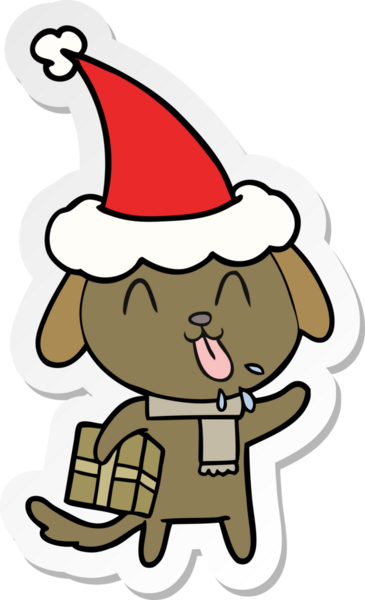 Noel hediyesi olan bir köpeğin insan tarafından çizilmiş Noel Baba şapkasıyla çizilmiş şirin bir el yazısı.
