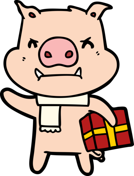 Bir insan tarafından çizilmiş Noel hediyeli kızgın çizgi film domuzu.