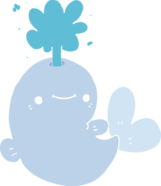 Düz renkli çizgi film balinası bir insan tarafından çizilmiş su püskürtür.