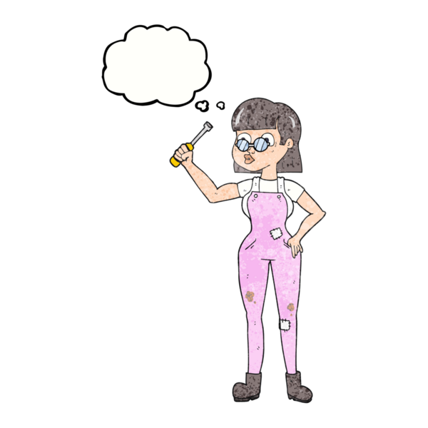 El yazısıyla çizilmiş düşünce kabarcığı insan tarafından çizilmiş karikatür kadın tamirci.