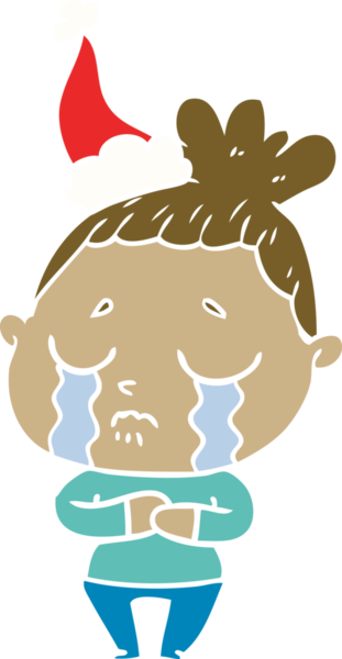 Bir insan tarafından çizilmiş Noel Baba şapkası takan ağlayan bir kadının düz renkli çizimi.