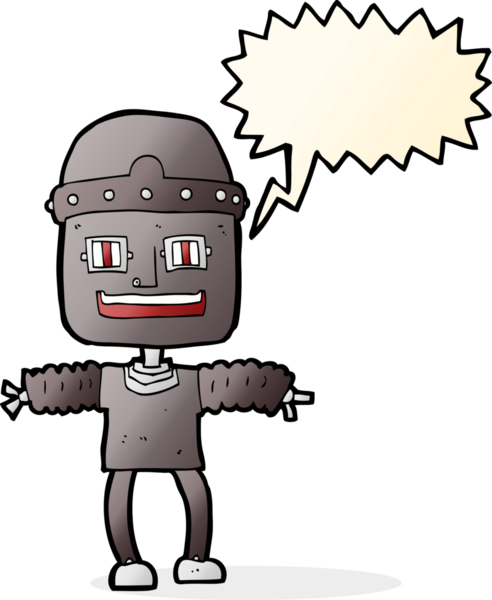 Bir insan tarafından çizilmiş konuşma balonu olan çizgi film robotu.